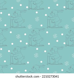 Seamless pattern with rabbit skiing. Wrapping paper, wallpaper, gifts background. Vector outline illustration