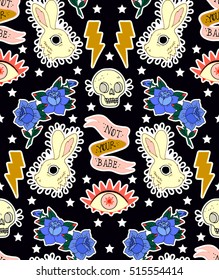 Seamless pattern. Rabbit, skull, eye, rose and ribbon. Not your babe. Print on tshirts and other materials. Set of stickers, pins, patches and handwritten notes collection in cartoon.