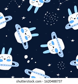 seamless pattern with rabbit in space, decor elements on a neutral background. Colorful flat style, vector for kids. hand drawing. baby design for fabric, print, nursery wallpaper, textile