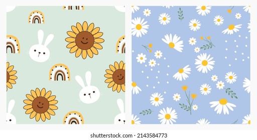 Seamless pattern with rabbit and sunflower cartoons on green background. Seamless pattern with daisy flower on blue background vector illustration.