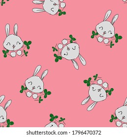 Seamless Pattern Rabbit Vector. Hand Drawn Bunny and clover, print design rabbit background. Seamless. Print Design Textile for Kids Fashion.