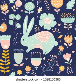 Seamless pattern with rabbit. Vector illustration with cute bunny and beautiful flowers. Easter greeting card.