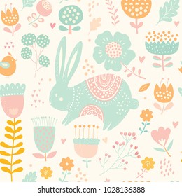 Seamless pattern with rabbit. Vector illustration with cute bunny and beautiful flowers. Easter greeting card.