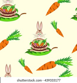 seamless pattern with rabbit and vegetables : carrots , beets and cabbage