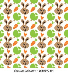 Seamless pattern with rabbit and vegetables. Vector illustration. Flat design elements for fabric, banner, wallpaper, gift wrap.