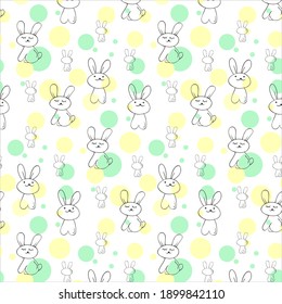Seamless pattern with rabbit and yellow and green circles.
Doodle vector illustration, simple cartoon line art. Design for textile, fabric, decor.