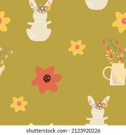Seamless pattern with rabbits and abstract flowers, garden watering can with bouquet, happy easter background, digital paper, packaging
