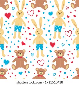 Seamless pattern: rabbits and bears on a white background. Vector illustration for fabric or packaging paper.