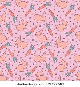 Patrón sin foco con conejos y zanahoria. Imprima suavemente para diseño textil para bebés. Ilustración vectorial.