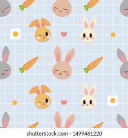 The seamless pattern of rabbits and carrot and star and mini heart on blue background in flat vector style.