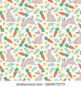 Seamless pattern with rabbits, carrots and botanical elements. Easter vector background design for wrapping paper, textile and fabrics