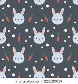 Seamless pattern with rabbits and carrots. Cartoon flat style. Kids wallpaper design. For textile, for prints, for apparel