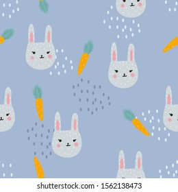 Seamless pattern with rabbits and carrots. Colorful print with animals.