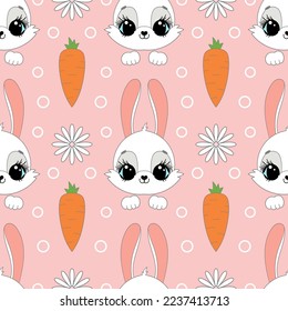 Seamless pattern with rabbits, carrots and daisies on a pink background. Children's theme. For wallpaper design, fabric, backgrounds, wrapping paper, scrapbooking. Vector