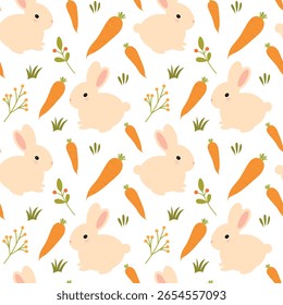 Patrón sin fisuras con conejos, zanahorias y flores. Patrón de conejito en color beige. Patrón de Vector en estilo plano. Los niños de fondo.