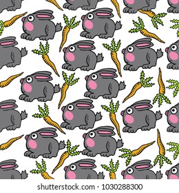 Seamless pattern with rabbits and carrots. Hand drawn vector illustration with spring doodle elements. Sketch background for prints, T-shirt.
