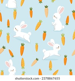 seamless pattern of rabbits and carrots on pastel blue background, vector , illustration
