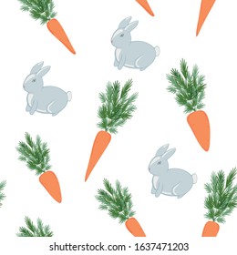 Seamless pattern rabbits and carrots. Vector illustration. Printing on textiles, objects and paper, scrapbooking
