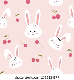 seamless pattern of rabbits and cherries  on pastel pink background, vector, illustration