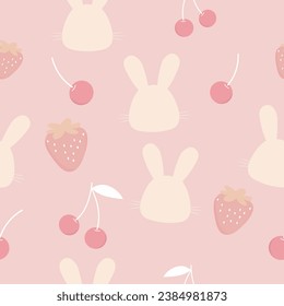 seamless pattern of rabbits, cherries , strawberries on pastel pink background , vector, illustration 