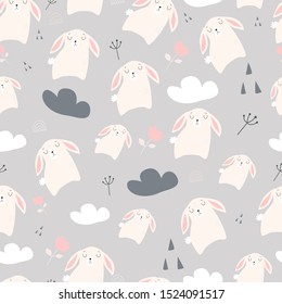 Seamless pattern with rabbits, clouds, floral elements. 