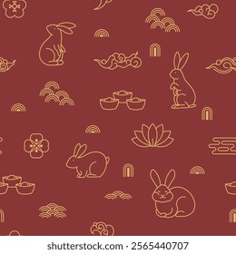 Seamless pattern with rabbits, clouds, and symbolic Chinese motifs in a clean red and gold style. Ideal for festive uses.