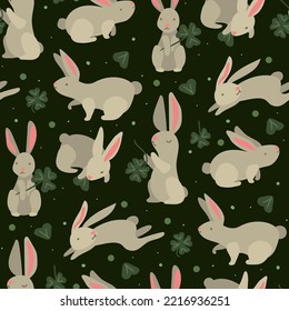 Seamless pattern of rabbits with clover. A cheerful hare with a clover in the field. Suitable for printing on textiles and paper. Gift wrapping, clothes, postcards, bed linen.