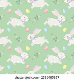 Seamless pattern with rabbits, colourful eggs and green branches with pink flowers on a light green background. Vector Easter editable background.