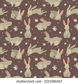 Seamless pattern of rabbits with daisies. A cheerful hare with daisies in the field. Suitable for printing on textiles and paper. Gift wrapping, clothes, postcard, bed linen. 