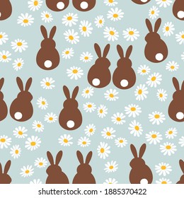 Seamless pattern and rabbits   daisy flower pastel blue background vector illustration 