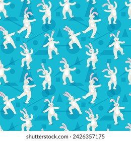 Seamless pattern Rabbits dance and do fitness. Cute moving bunny. Happy Easter, cartoon characters. Vector illustrations isolated