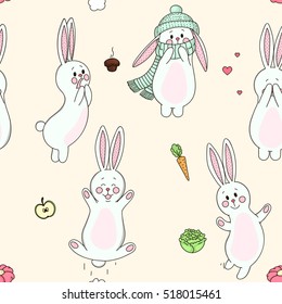 Seamless pattern of rabbits with different emotions.