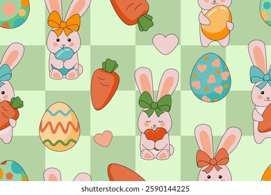 Seamless pattern of rabbits in different poses. Spring. Easter. Easter eggs, carrots, heart. Cartoon design. Kawaii. Vector