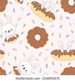 Seamless pattern of rabbits in donuts, donuts with bunny ears and chocolate donuts, sprinklings. Pink background. 