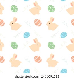 Seamless pattern with rabbits and Easter eggs on white background. Bunny pattern in beige color. Vector illustration in flat style. 