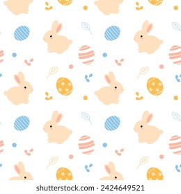 Seamless pattern with rabbits and Easter eggs on white background. Bunny pattern in beige color. Vector illustration in flat style. 
