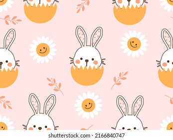 Seamless pattern with rabbits, egg shell and daisy flower cartoons on pink background vector illustration.