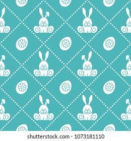 Seamless pattern with rabbits and eggs with flower. Design for banner and print.