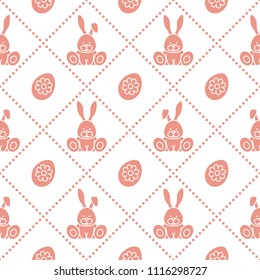 Seamless pattern with rabbits and eggs with flower. Design for banner and print.