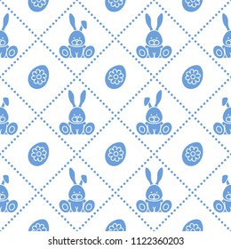 Seamless pattern with rabbits and eggs with flower. Design for banner and print.