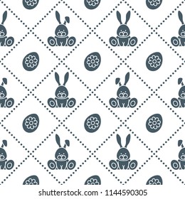 Seamless pattern with rabbits and eggs with flower. Design for banner and print.
