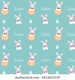 seamless pattern with rabbits and eggs. Happy Easter. Cute rabbit for Easter. Bunny ears and Easter eggs. Vector illustration. Bunny in the egg