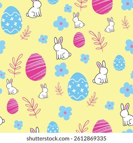 Seamless pattern with rabbits and eggs on yellow background to celebrate Easter. It is great for printing, wallpaper, backdrop. It is also perfect for children, nursery, kids. Vector illustration