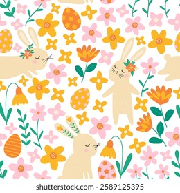 Seamless pattern with rabbits, eggs,flowers. Happy Easter print in flat style. Cute cartoon Bunnies and flowers. Texture for textile, postcard, wrapping paper, packaging etc. 