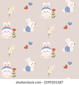 Seamless pattern with rabbits and floral