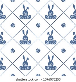 Seamless pattern with rabbits and florets. Design for banner and print.