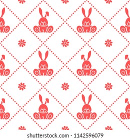 Seamless pattern with rabbits and florets. Design for banner and print.