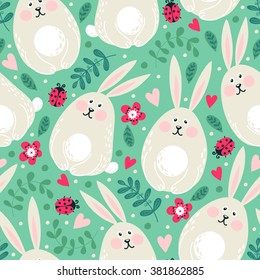 Seamless pattern with rabbits and flowers