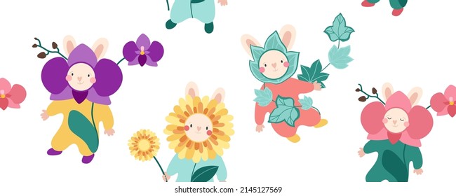 Seamless pattern with rabbits and flowers. Cute rabbits in floral costumes. Orchid, gerbera, ivy. Vector illustration isolated on white background
