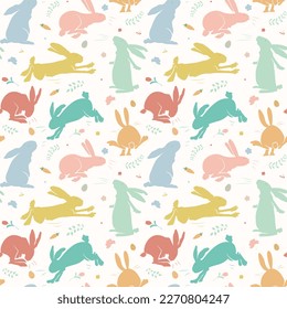 Seamless pattern with rabbits, flowers, eggs, leaves and carrot on pastel background. Vector illustration for Easter Cards, banner, textiles, wallpapers.